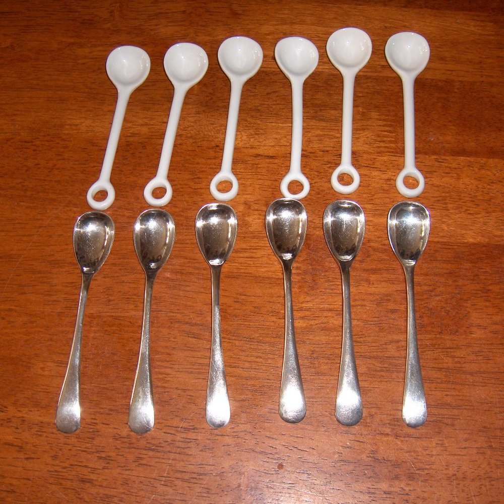Salt or Sugar Spoons,Sheffield England Lot of 6 and 6 Ceramic